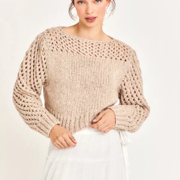 NEW  LOVE SHACK FANCY Larson Cropped Pull Over Sweater antique fawn 1065tn - Picture 1 of 8
